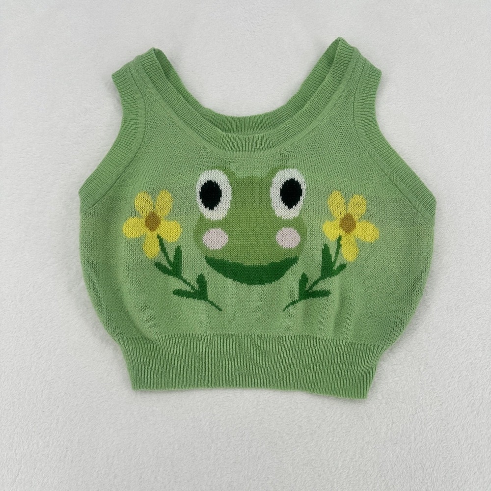 Thorn & Fable Frog Mushroom Flower Girls Crop Tank Top SM